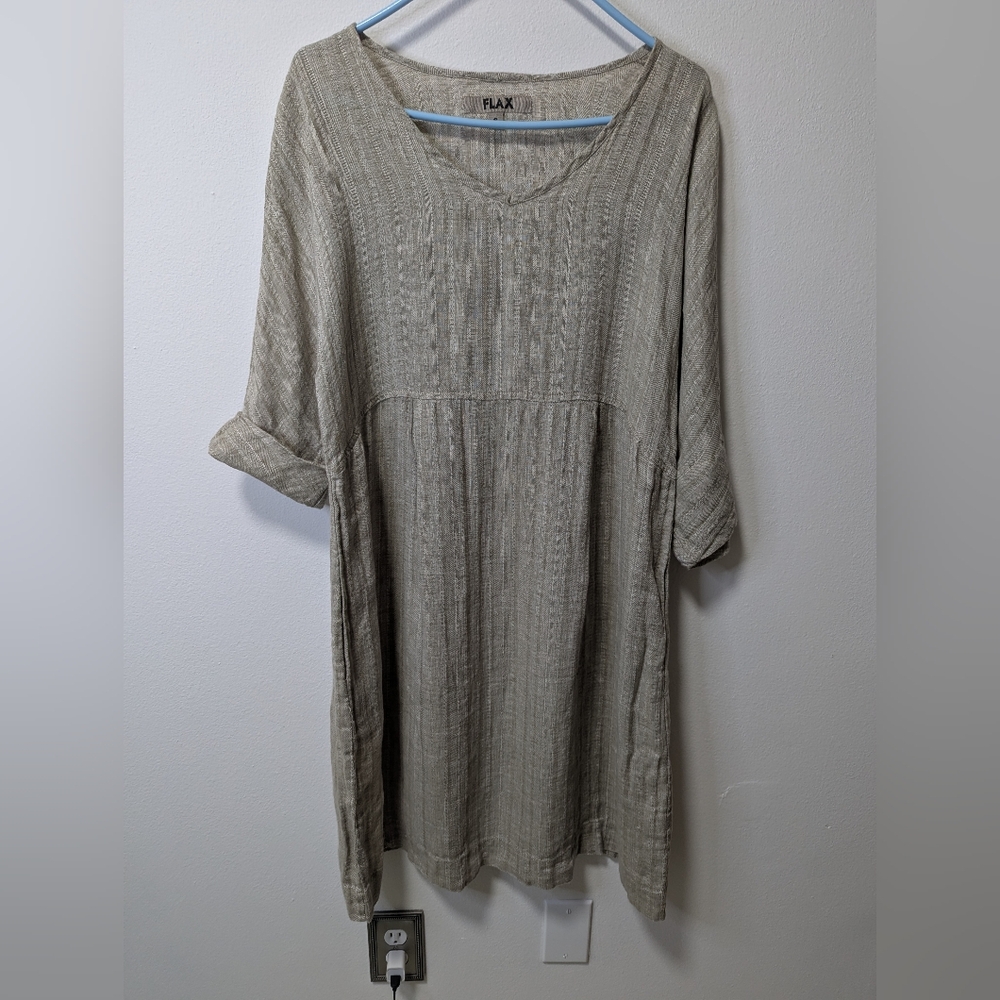 Women's Flax V Neck Dress,100 Percent Linen, Beige With Subtle White Stripes